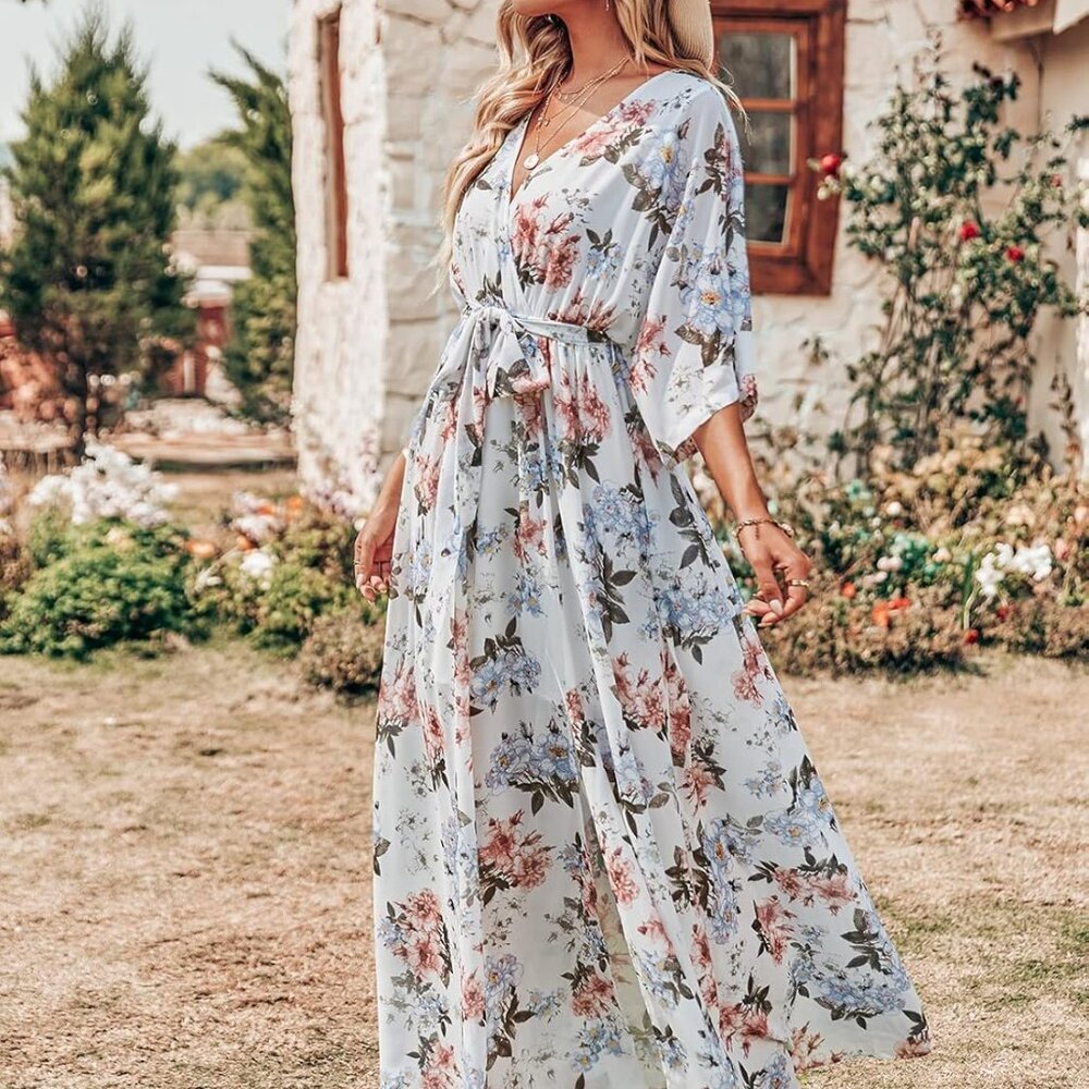 Women’s Summer Loose Boho Flowy Wrap V Neck 3/4 Sleeve Floral Print Slit Beach W - Picture 3 of 5